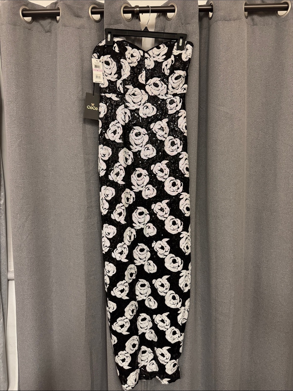 CeCe Black Strapless Sequin Gown with White Floral Appliqué